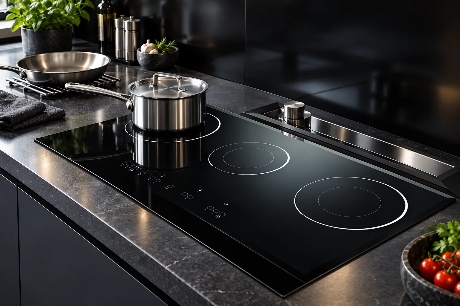 Centered pan on a black glass cooking zone and larger pan resting on an adjacent trivet