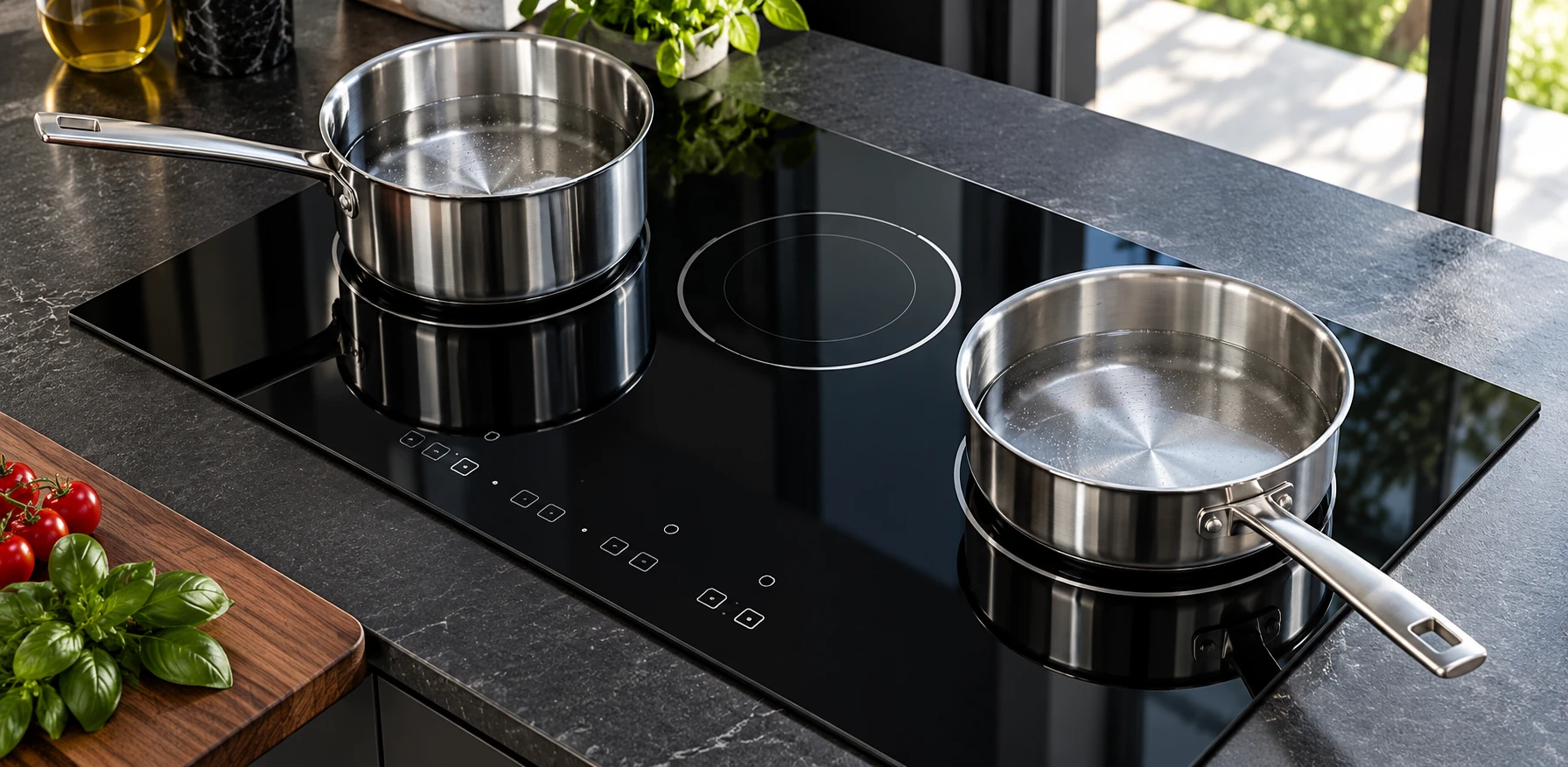 Two stainless pans on separate black glass cooking zones with clear front controls