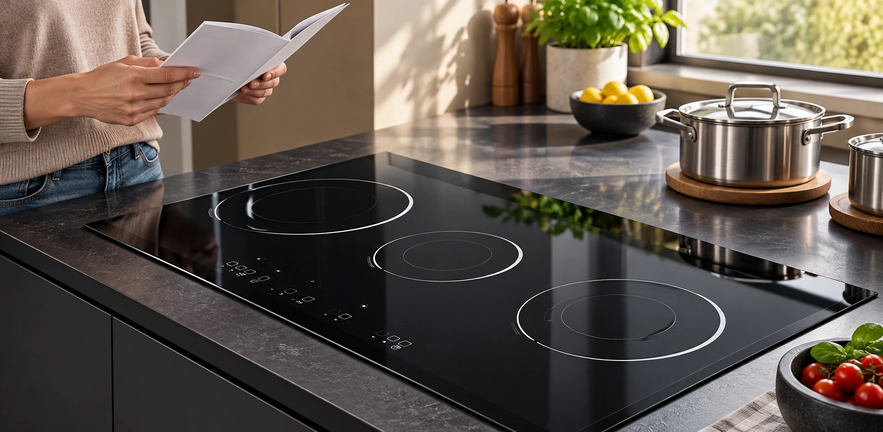 Cool inactive black glass hob with cookware on an adjoining trivet and a person reading paperwork