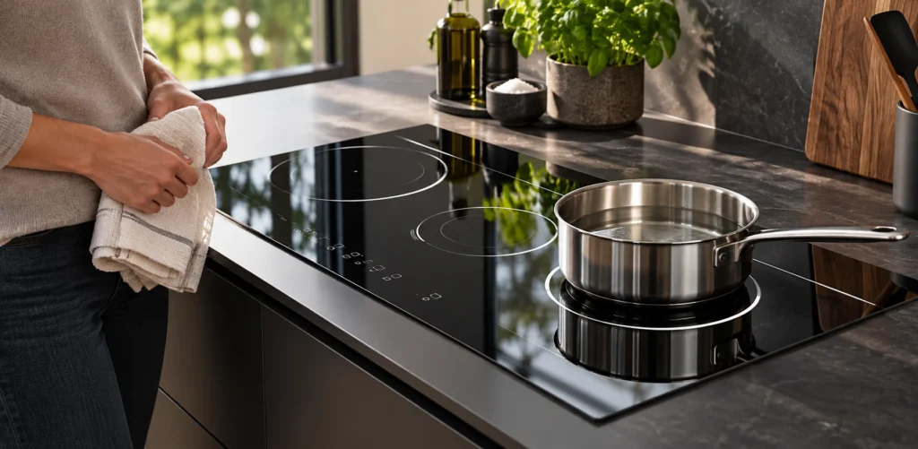 Induction Hob Pause Function: What to Check Before Pausing and Resuming — reference-based black glass-ceramic illustration