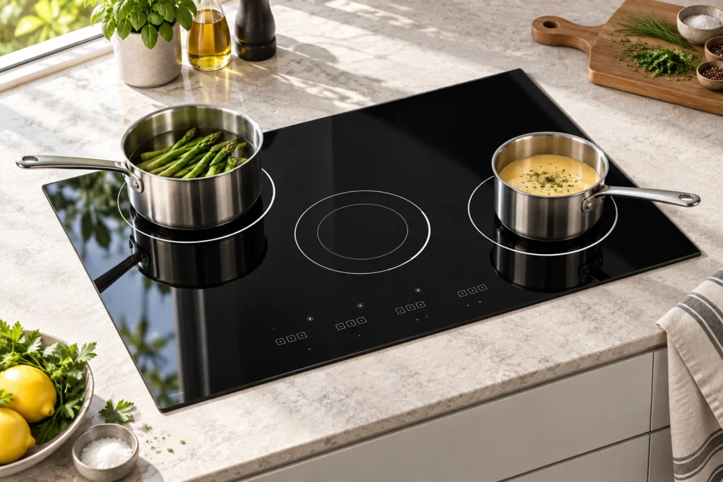 Induction Hob Power Sharing: Why Two Zones Behave Differently — black glass-ceramic reference illustration