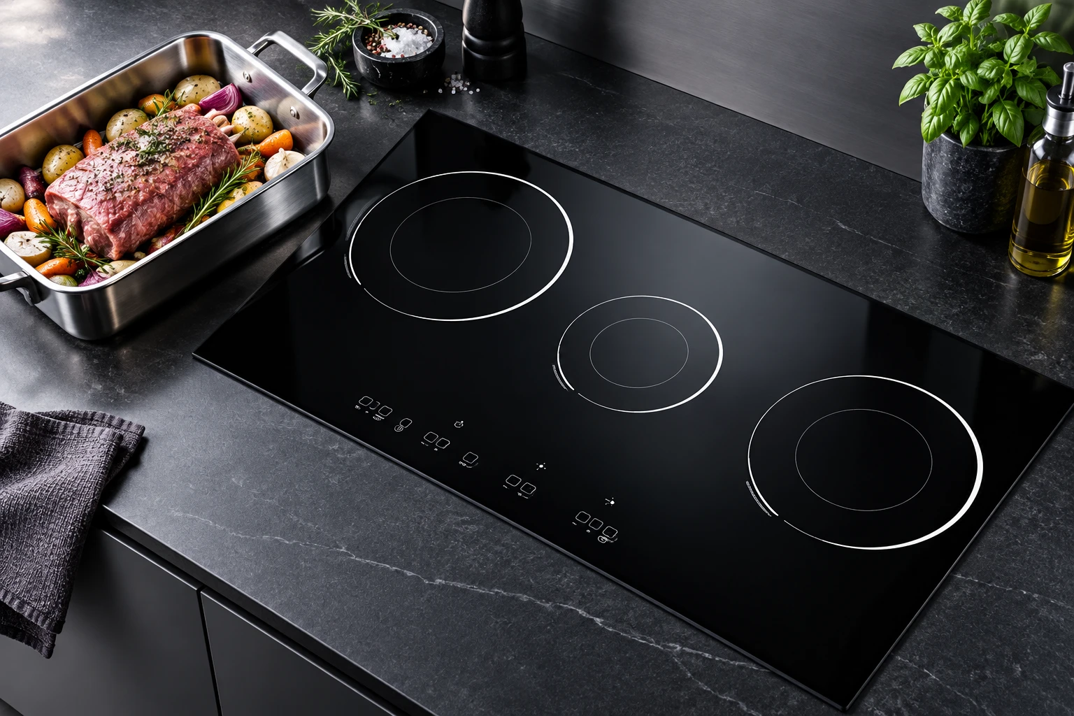 Roasting vessel on the counter beside the reference-based black glass hob