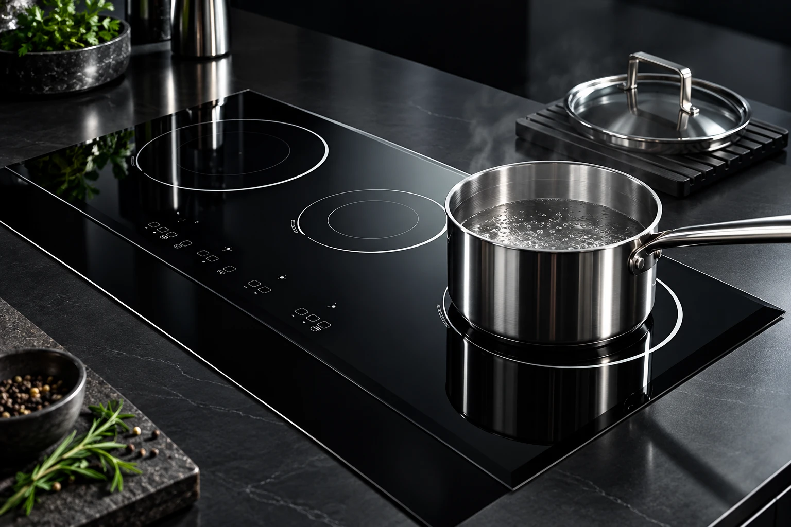 Stainless saucepan with gently bubbling liquid on a black glass hob