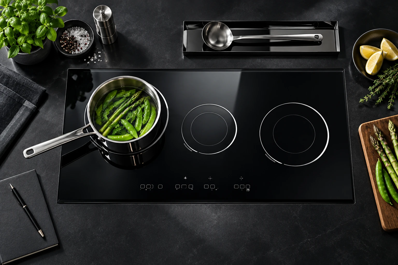 Top-down view of a saucepan with vegetables on a black glass hob