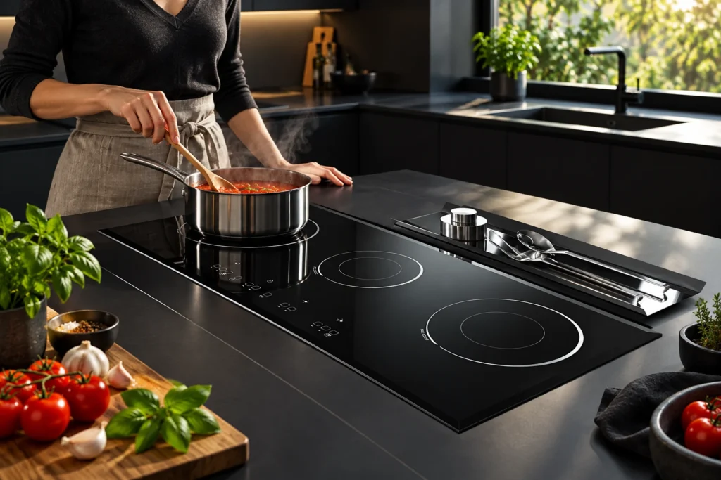 Induction Hob Simmer Setting: Find Gentle Cooking Without a Universal Number — reference-based black glass-ceramic illustration