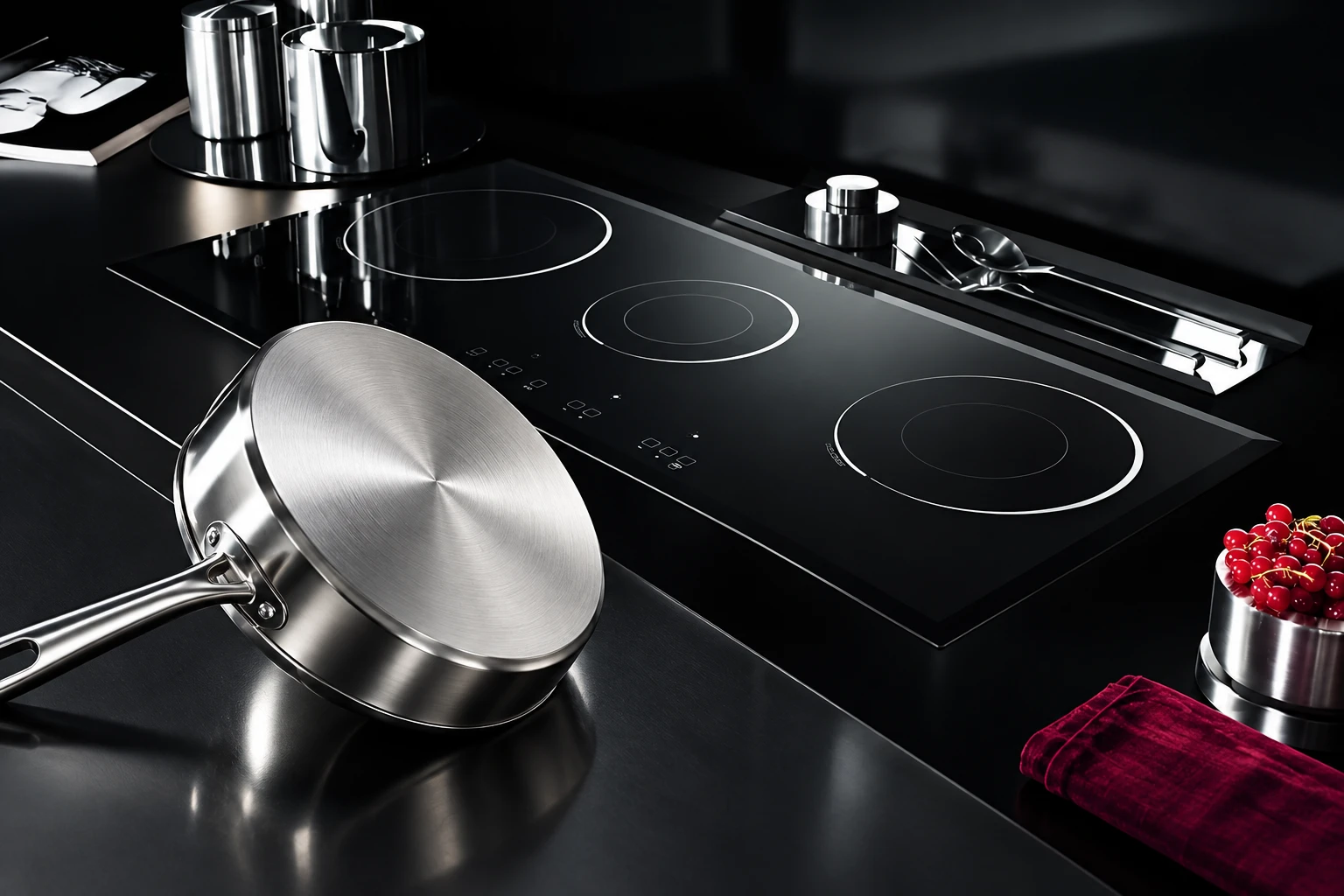 Cold stainless pan base beside the reference-based black glass hob