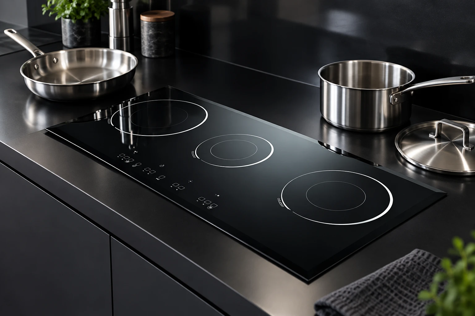 Stainless frying pan, saucepan and lid on the counter behind the black glass panel