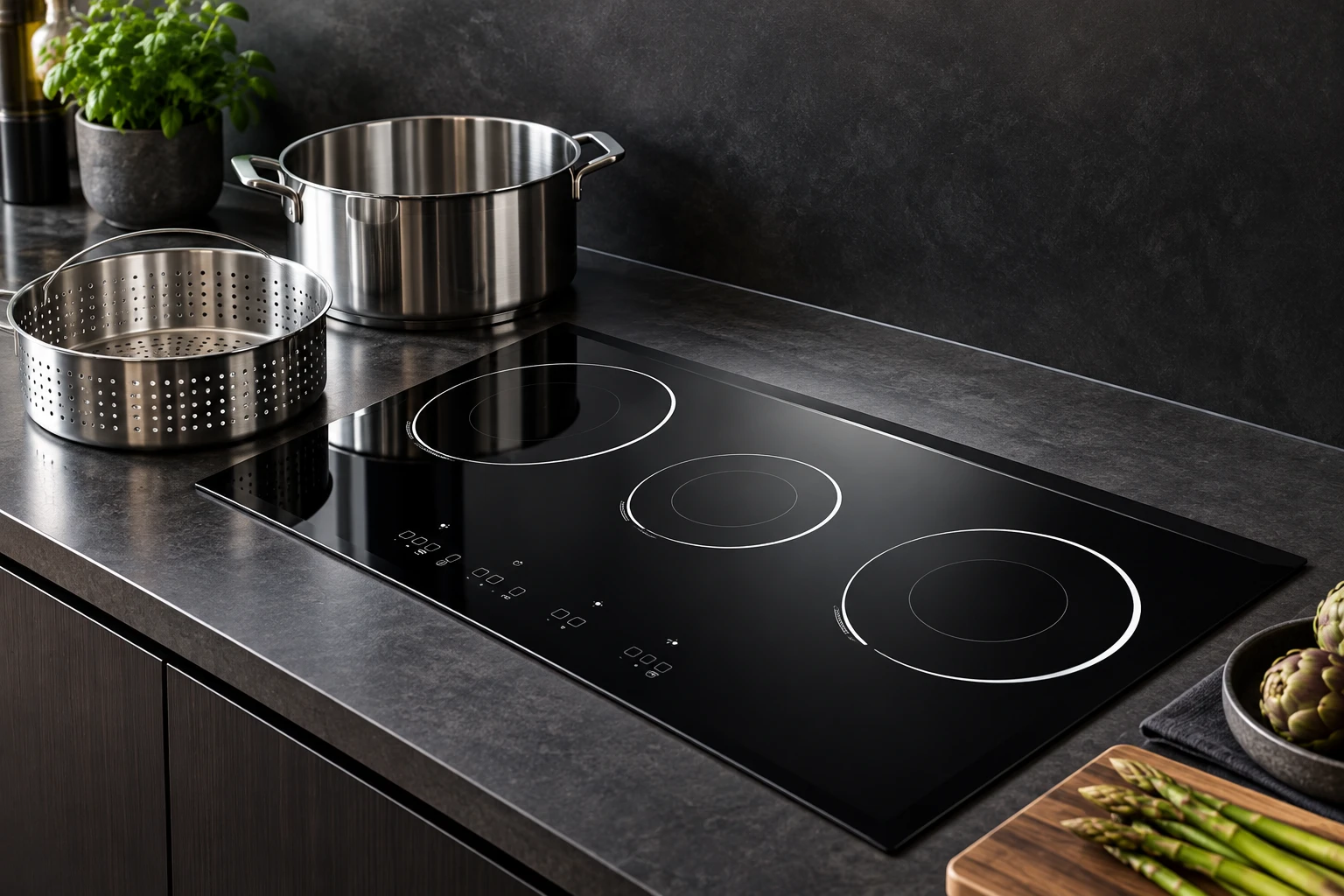 Separate steaming insert and lower pot inspected beside the reference-based glass panel