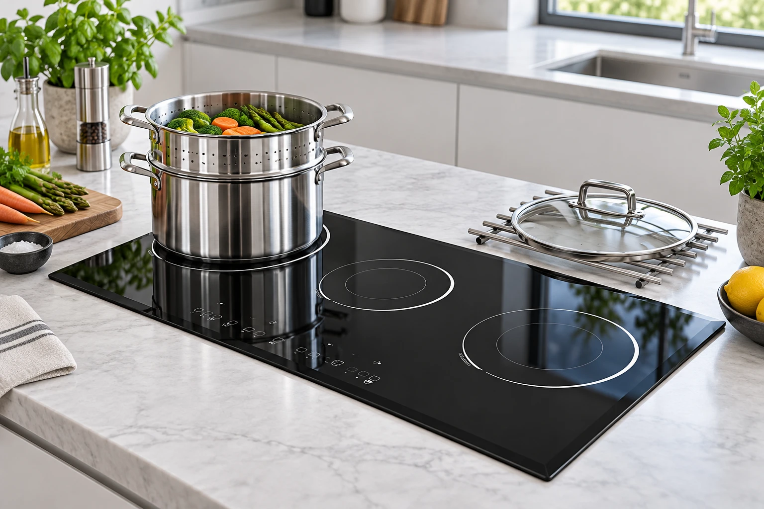 Cold matched steamer assembly and lid staged with unobstructed handle access