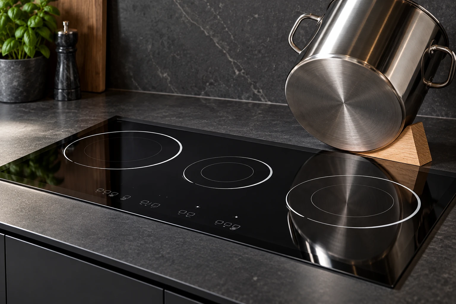 Empty stockpot base inspection beside the reference-based black glass panel
