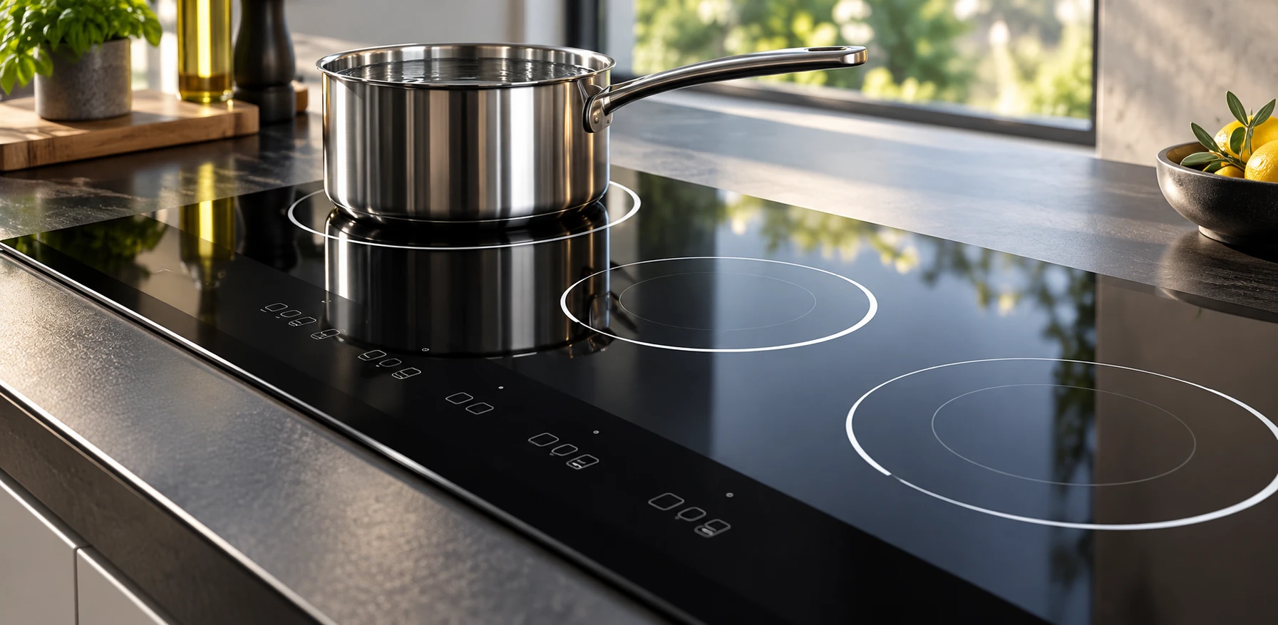 Dry touch-control area on black glass with a stainless pan behind it