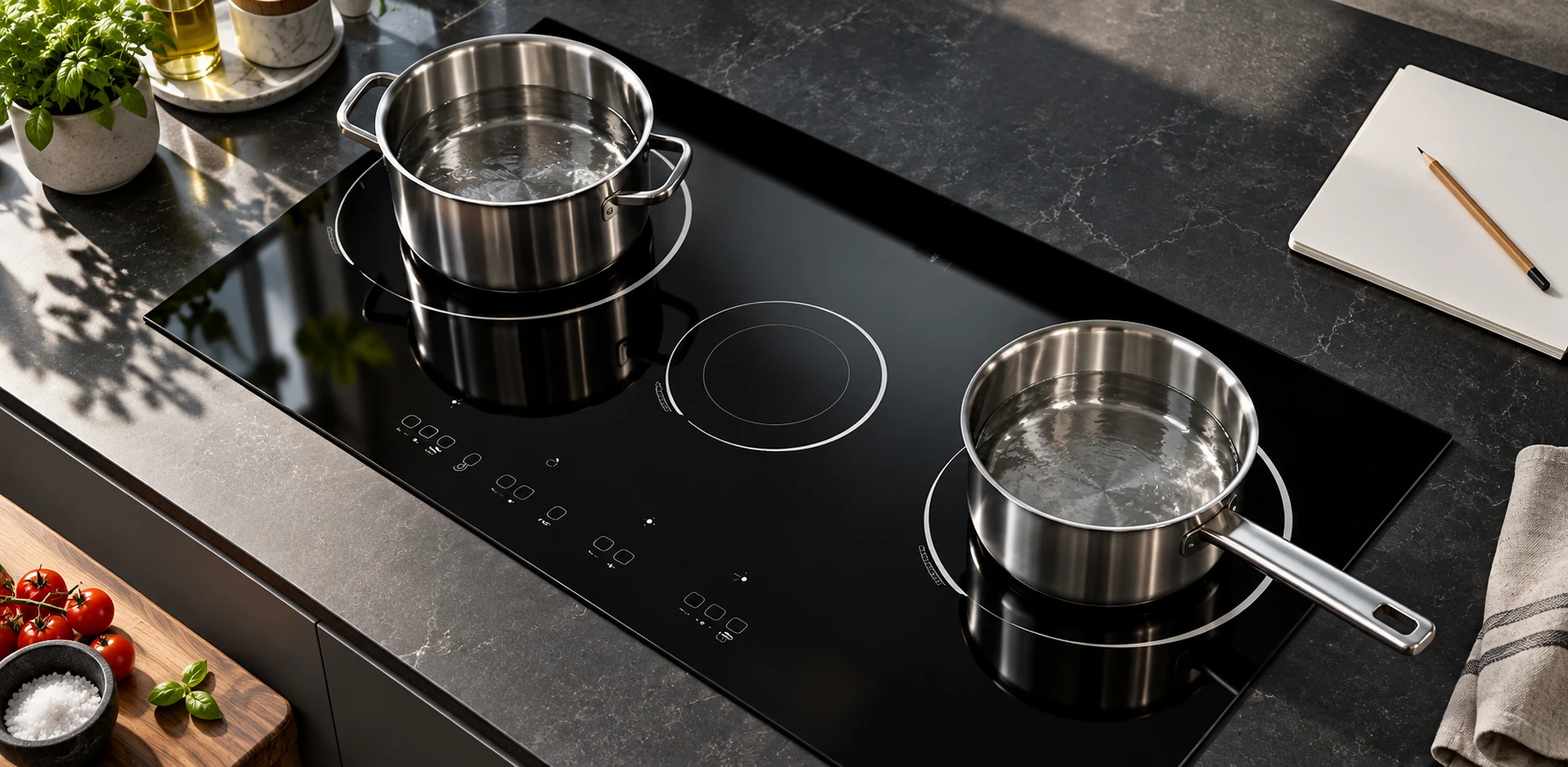 Two stainless pans on separate marked cooking zones with a separate timer on the counter