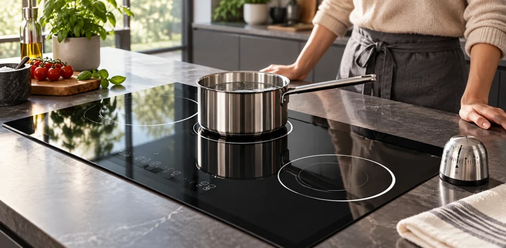 Induction Hob Timer: Check Whether It Sounds an Alarm or Stops a Zone — reference-based black glass-ceramic illustration