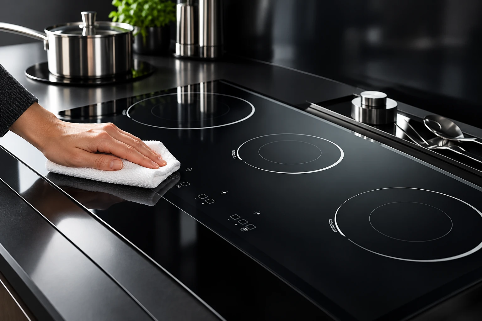 Person drying a cool black glass hob control area with a microfiber cloth