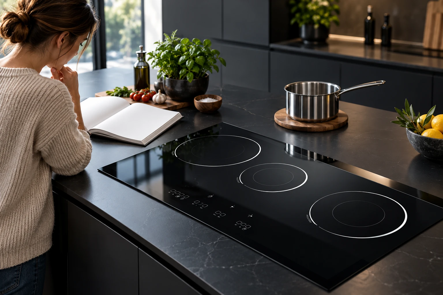 Person reading the hob manual beside an unobstructed black glass control panel