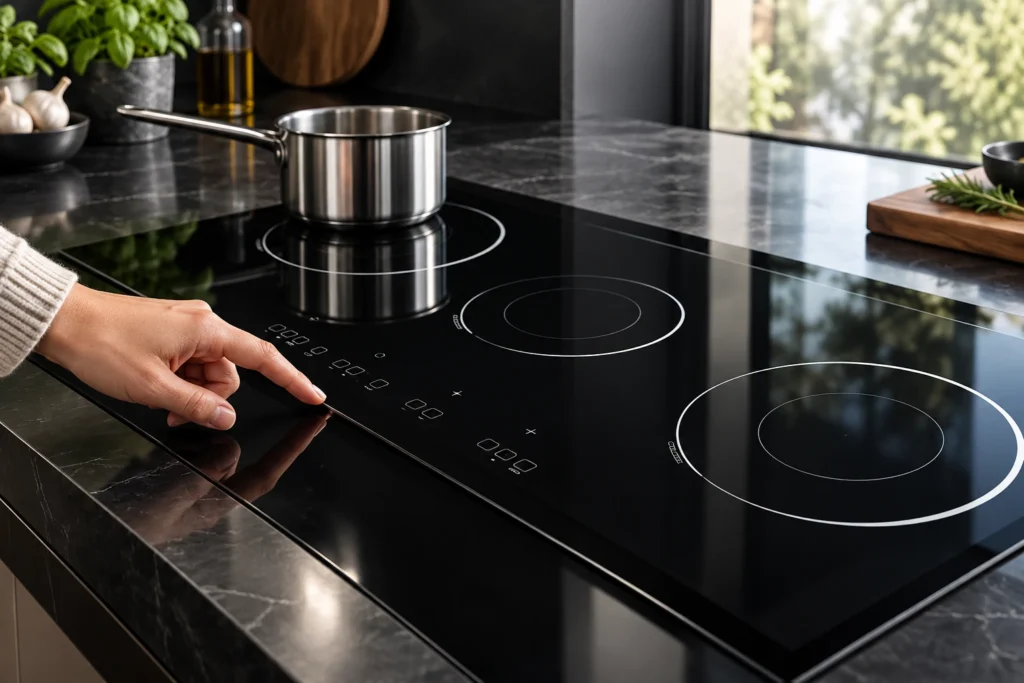 Induction Hob Touch Controls: Dry-Surface Checks and Clear Operating Steps — reference-based black glass-ceramic illustration