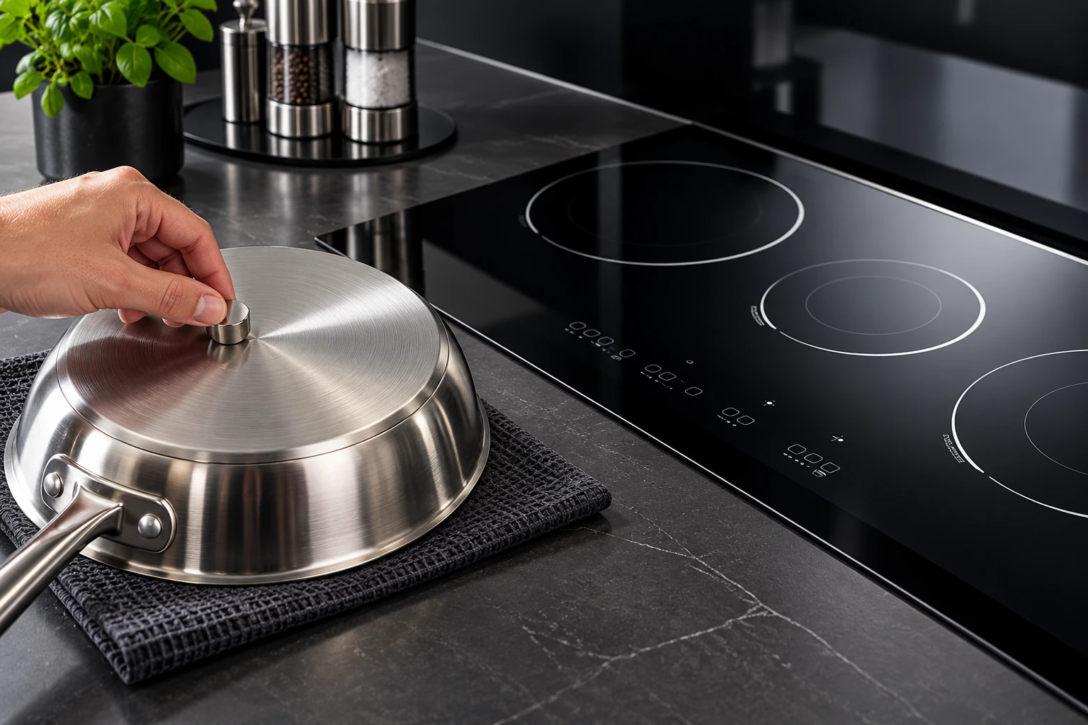 Magnet checking the underside of a cool stainless frying pan on a padded counter