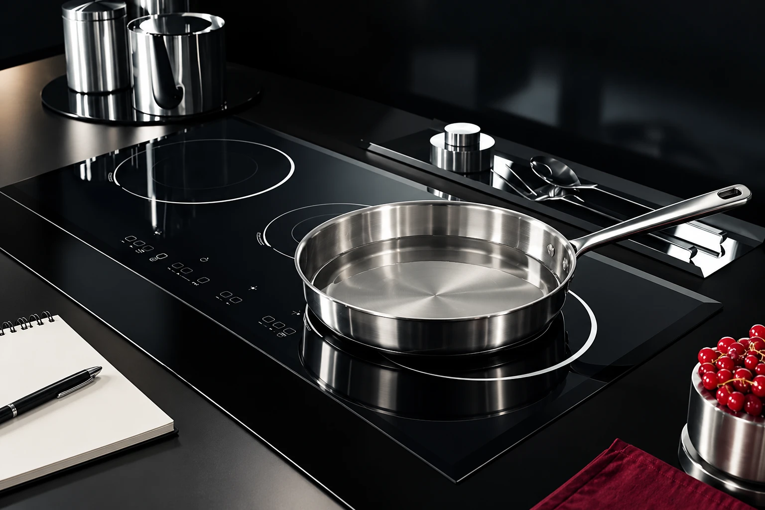 Shallow stainless pan with still water centered on a black glass-ceramic cooking zone