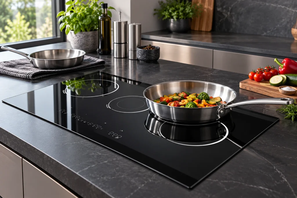 Induction Hob Uneven Heating: Pan Base, Zone Size and Controlled Checks — reference-based black glass-ceramic illustration