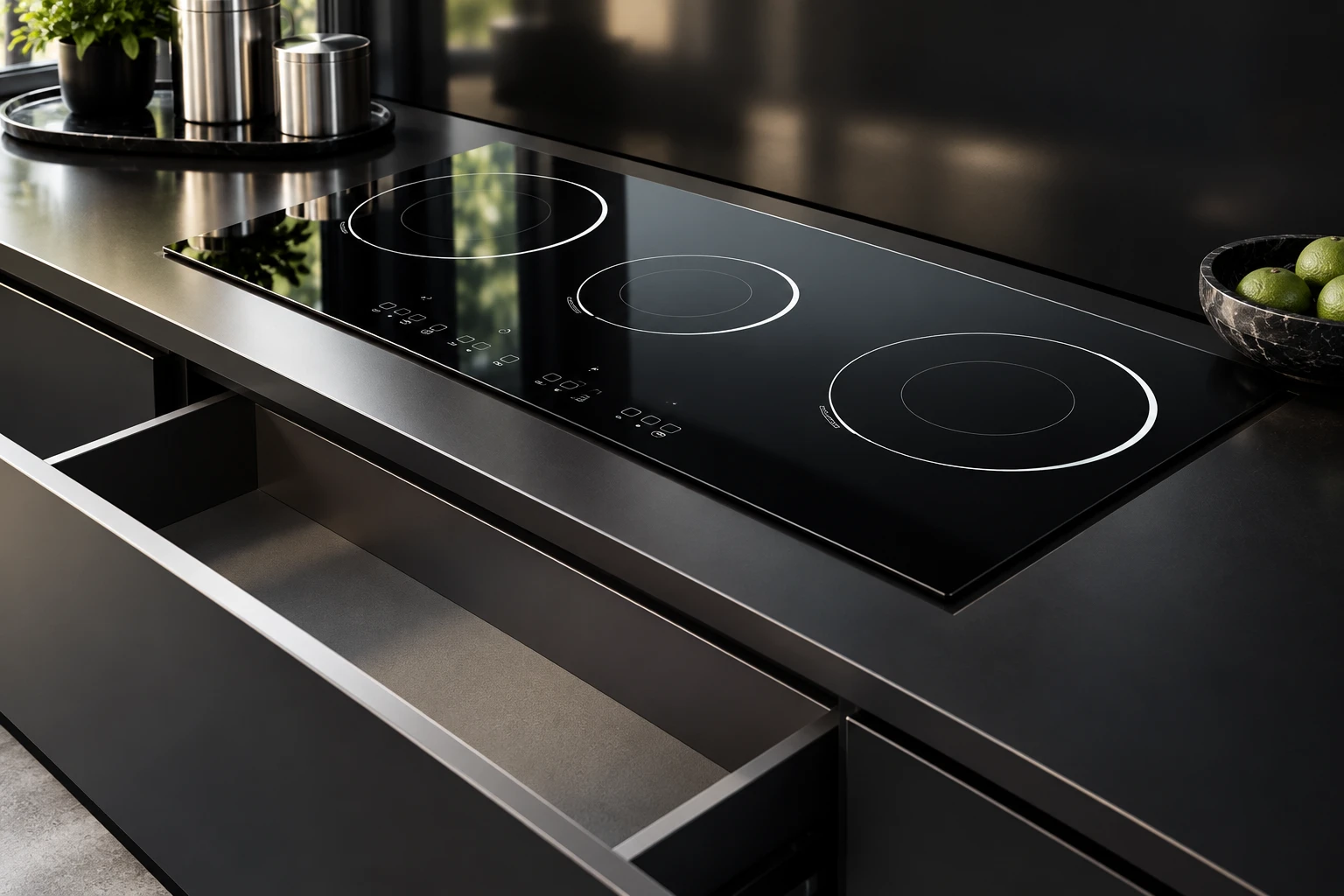 Unpowered hob above an open tidy cabinet drawer