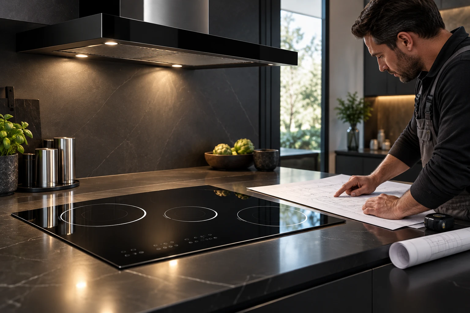 Installer reviewing drawings beside a separate hood and black glass hob