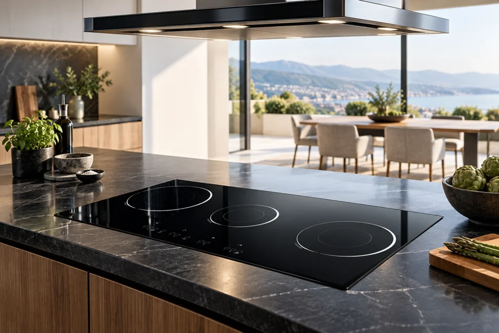 Induction Hob Ventilation Requirements: Separate Cabinet Cooling from Cooking Exhaust — reference-based black glass-ceramic illustration