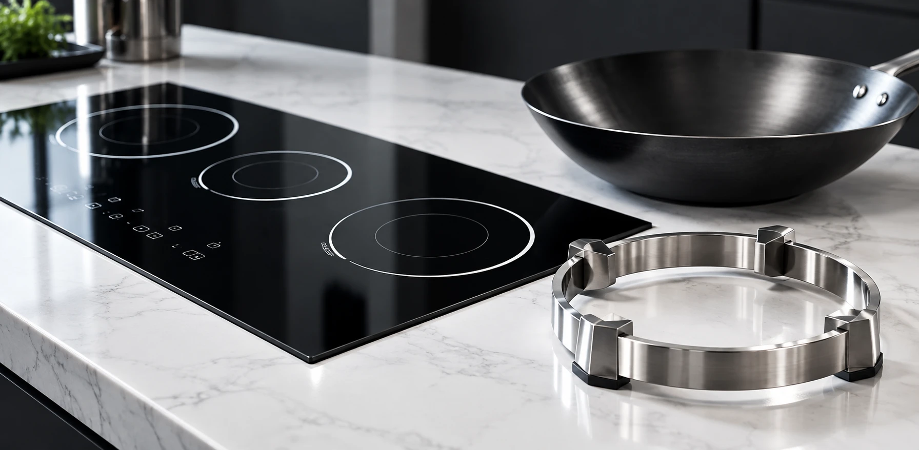 Separate wok ring and flat-bottom wok beside the reference-based glass hob