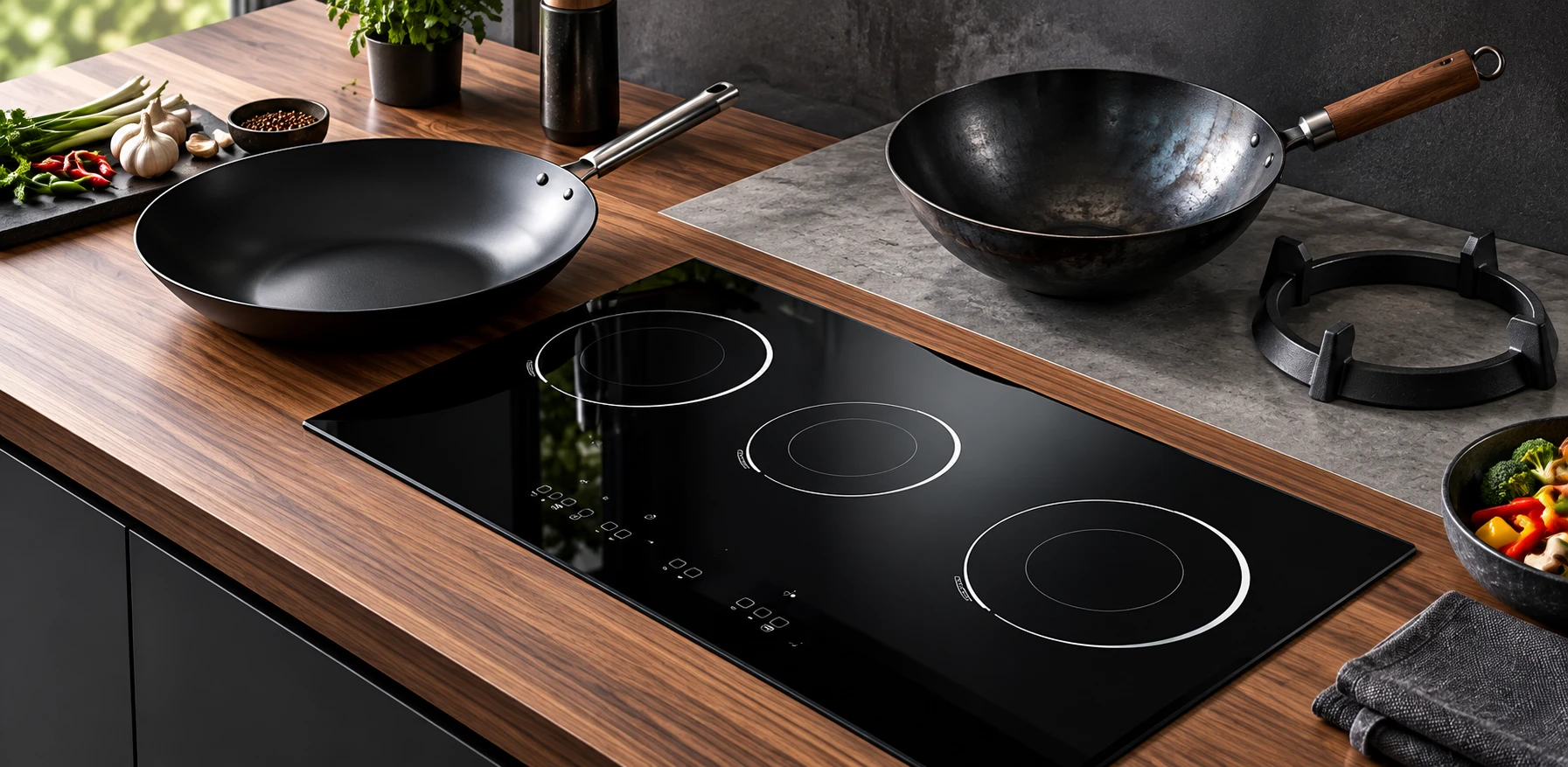 Wok and separate support inspected on the counter alongside the glass panel