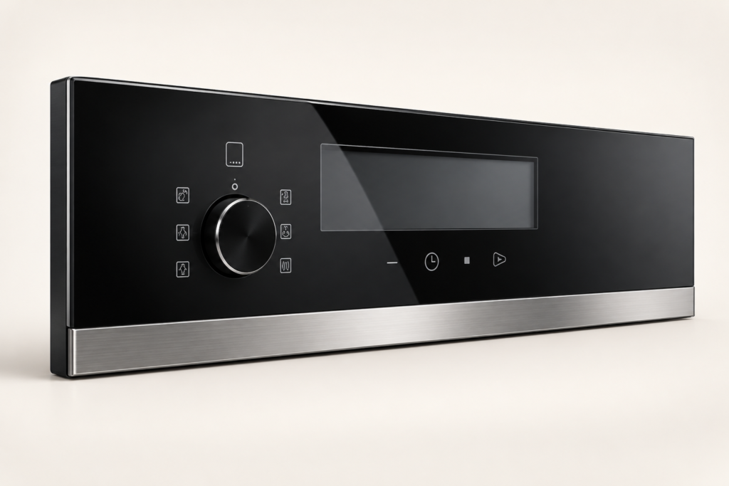Black appliance control-glass fascia with transparent display window