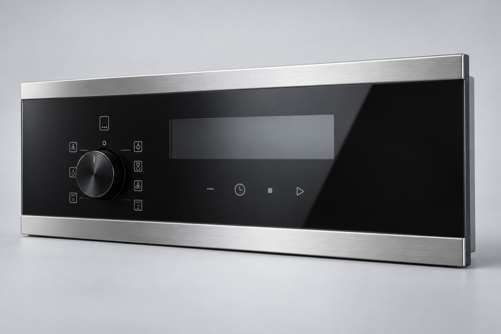 Black appliance control-glass fascia with transparent display window