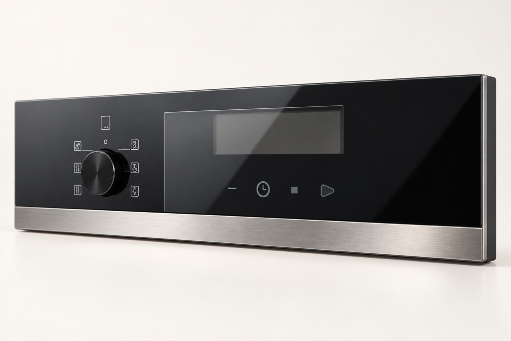 Black appliance control-glass fascia with transparent display window
