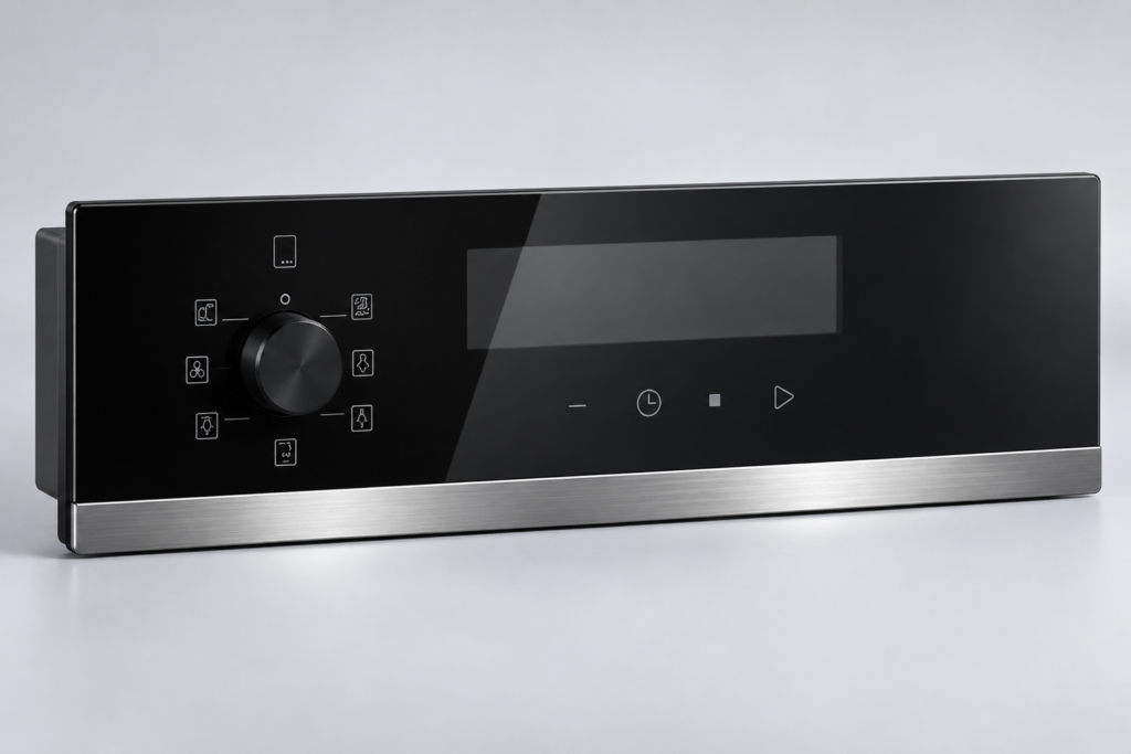 Black appliance control-glass fascia with transparent display window