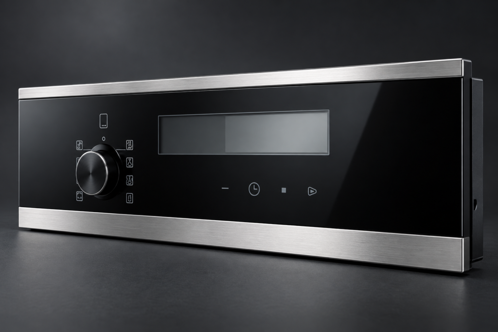 Black appliance control-glass fascia with transparent display window