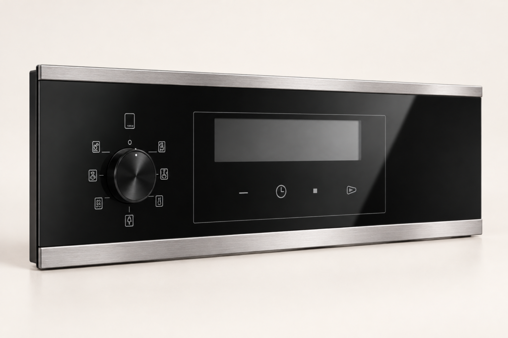 Black appliance control-glass fascia with transparent display window