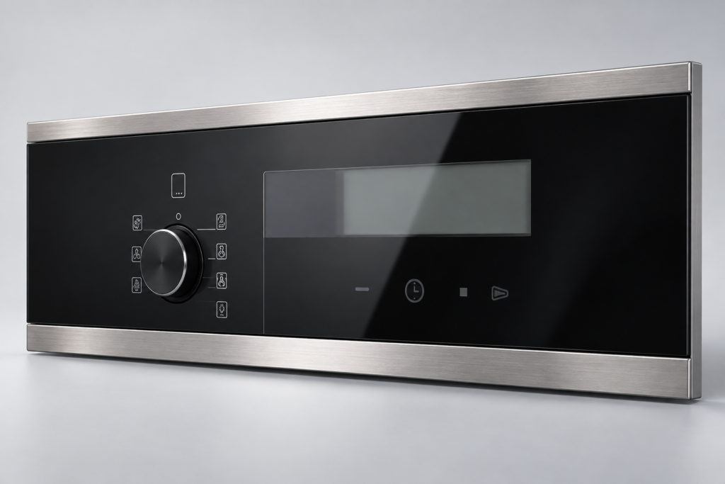 Black appliance control-glass fascia with transparent display window