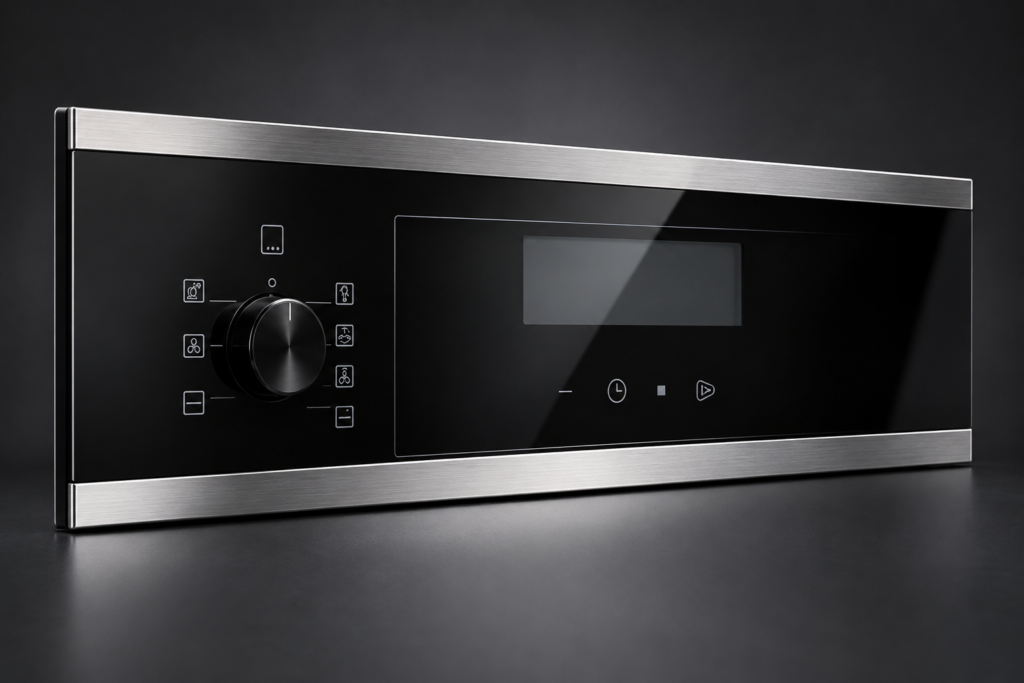 Black appliance control-glass fascia with transparent display window