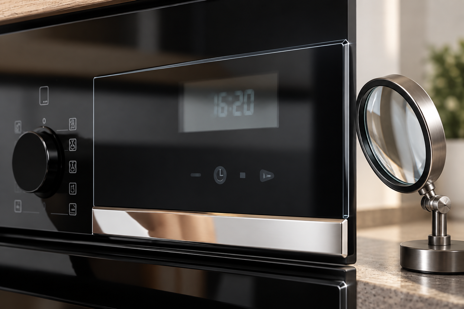 Close view of an appliance glass corner with a magnifier positioned beside it