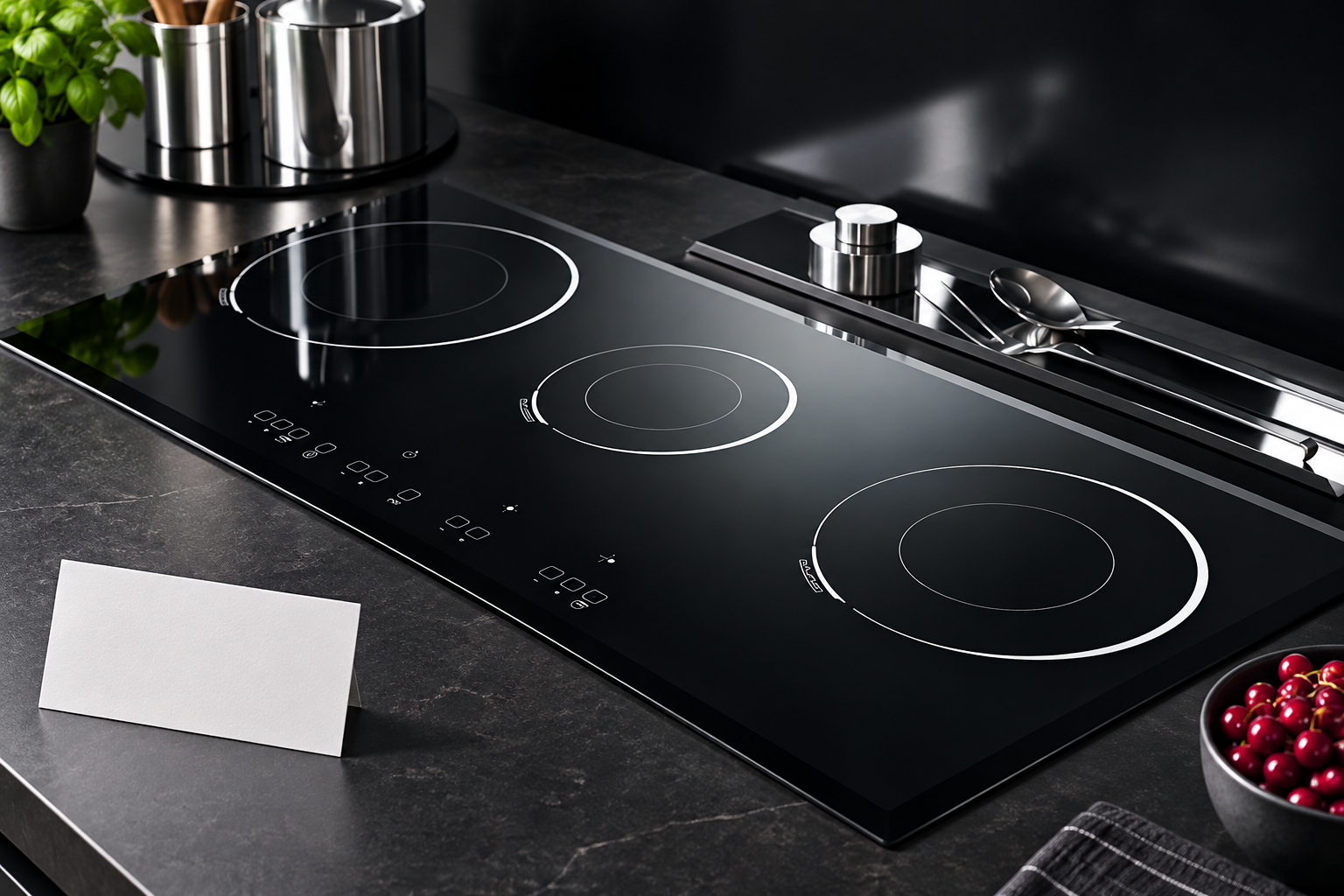 Reference black glass-ceramic cooktop kept separate from other material sorting trays