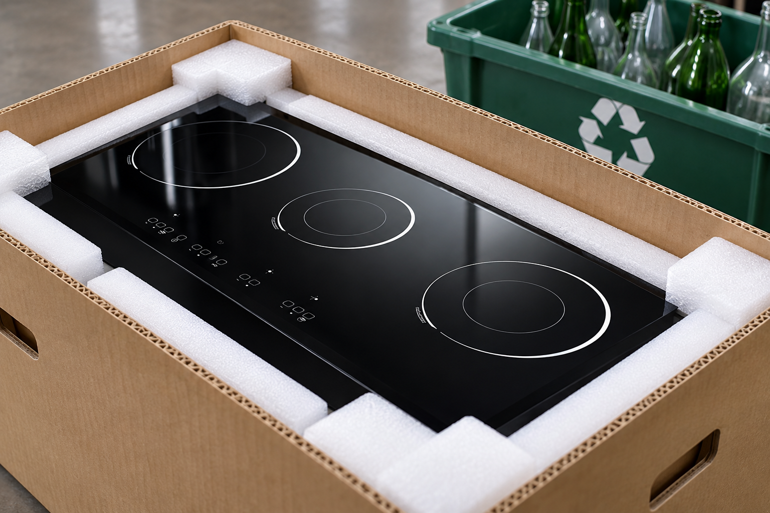 Reference glass-ceramic cooktop protected in an individual padded container