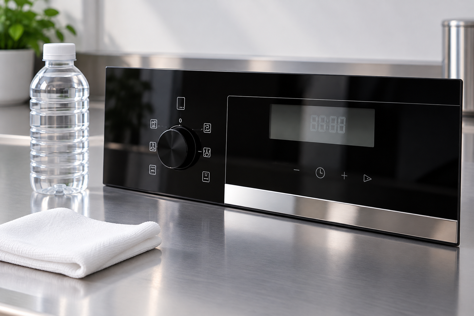 Reference appliance glass prepared beside a clean cloth and sealed water container