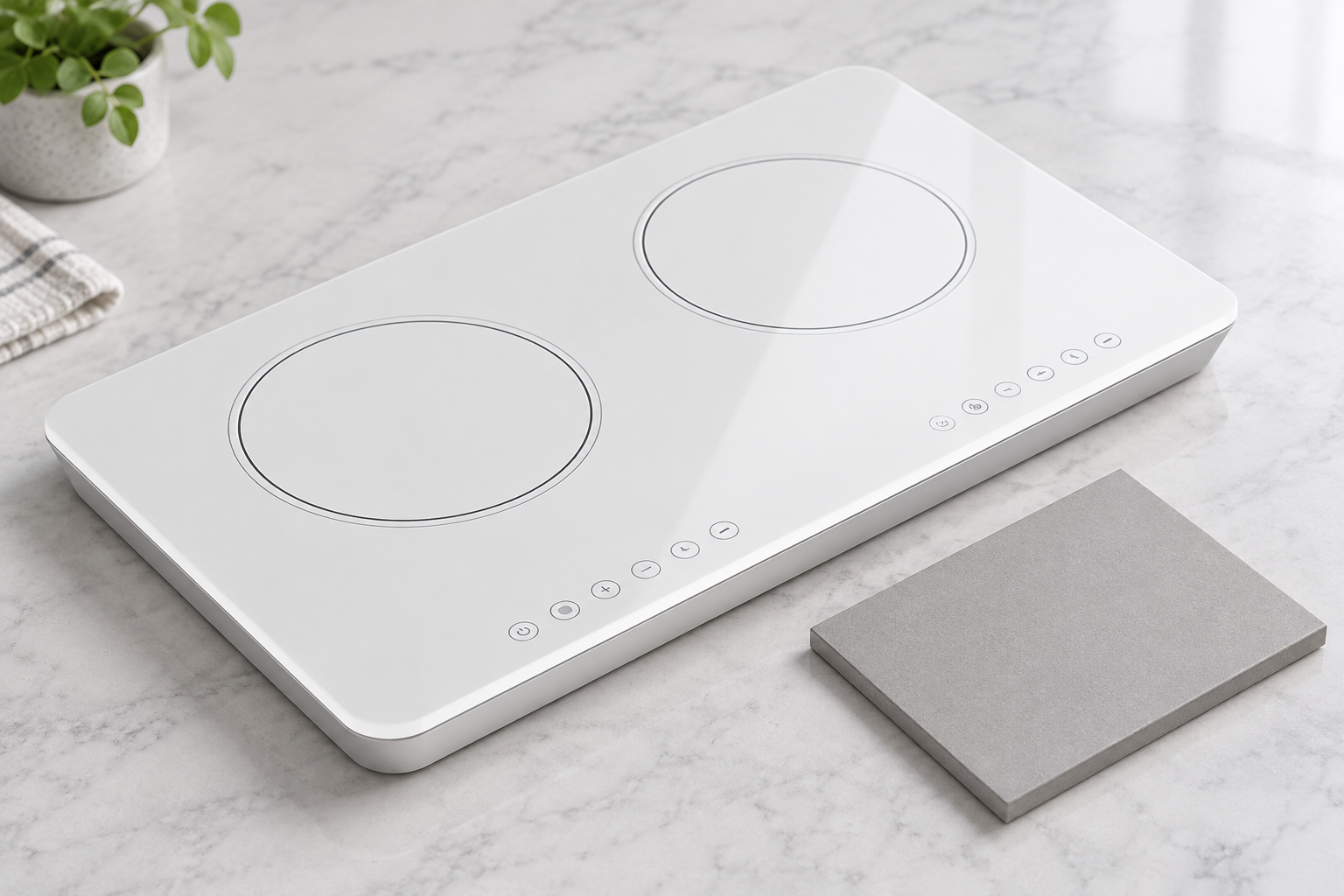 Reference white two-zone glass-ceramic panel beside a neutral comparison tile