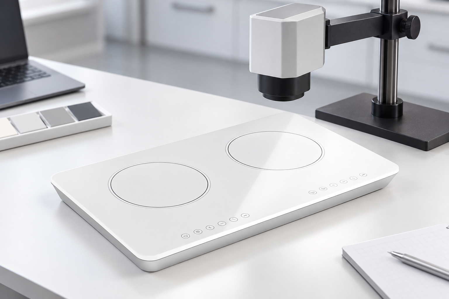 Reference white glass-ceramic panel positioned near a noncontact color-measurement head