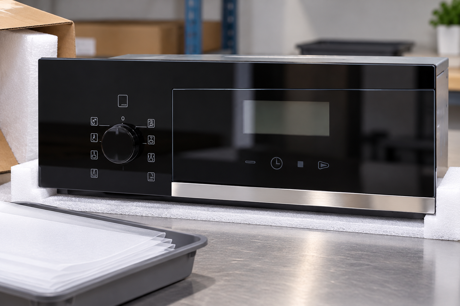 Reference appliance fascia inspected after unwrapping with separator material kept in a separate tray