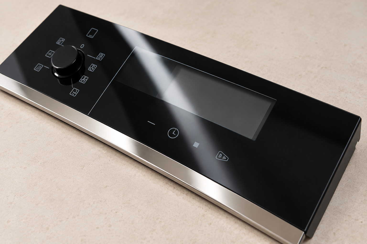Black appliance glass fascia viewed from its display end with an oblique strip-light reflection