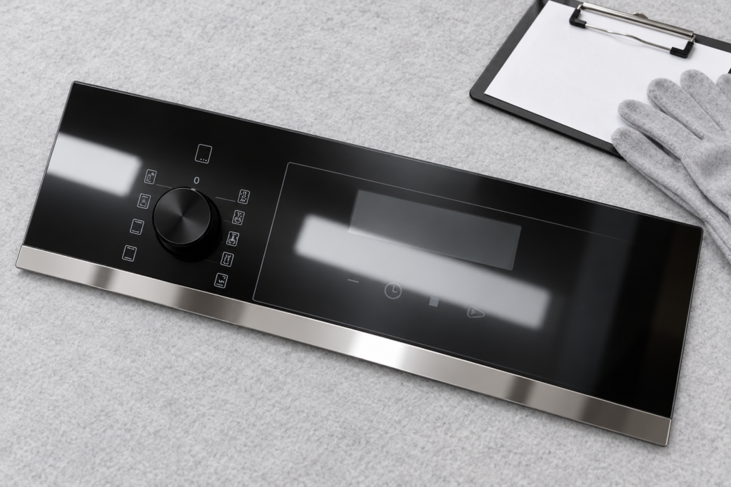 Black appliance glass fascia on a grey inspection table under a broad reflected light