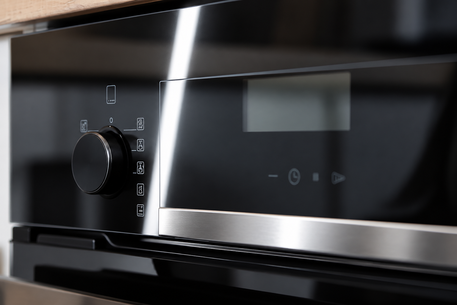 Intact black appliance fascia reflecting an inspection light across its surface