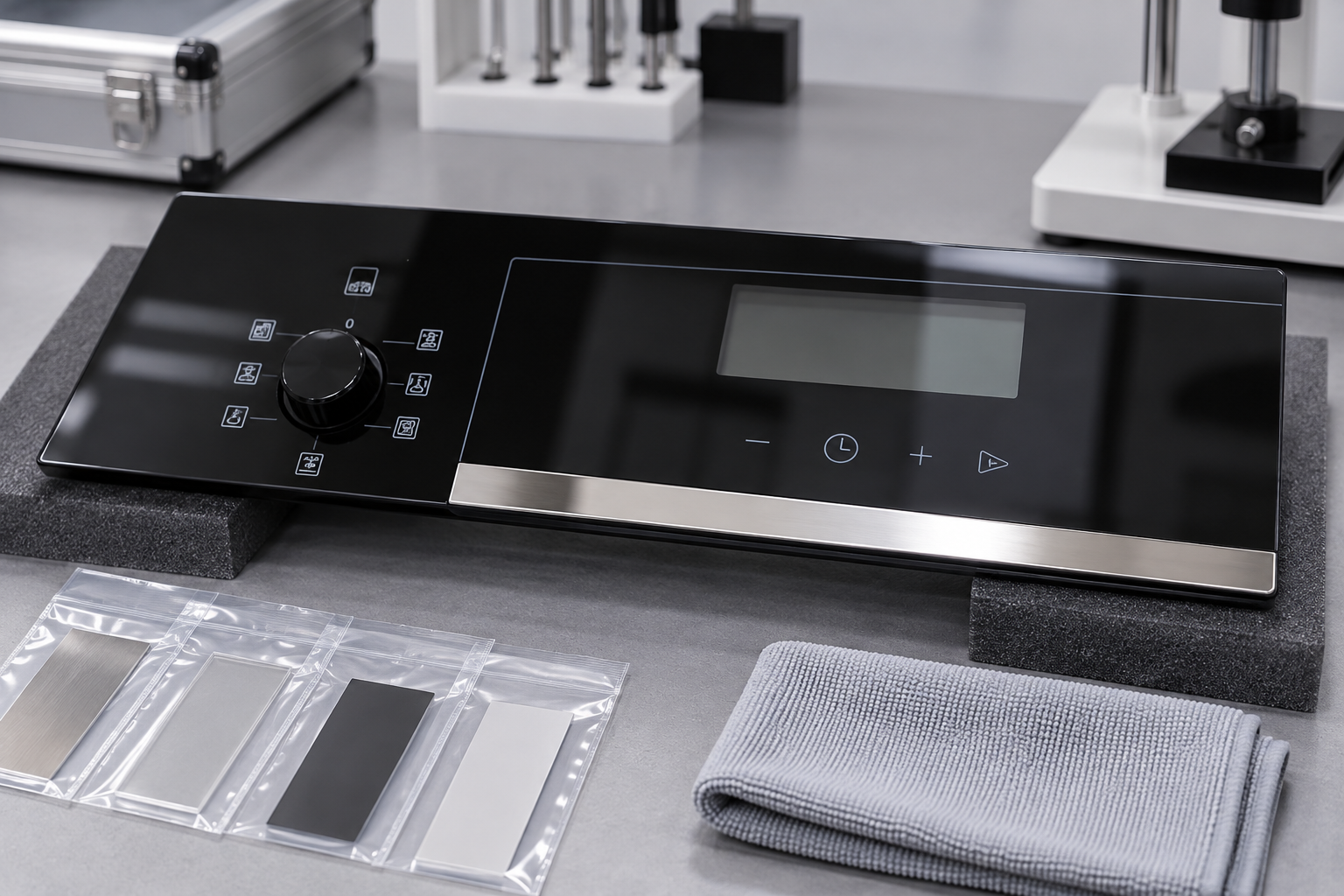 Reference appliance fascia supported face upward beside clean cloth and sample sleeves