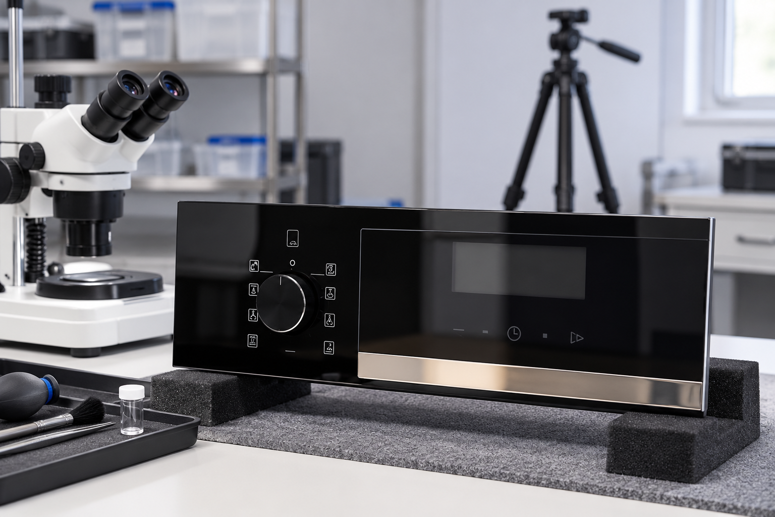 Intact reference appliance fascia held on padded supports beside an optical microscope