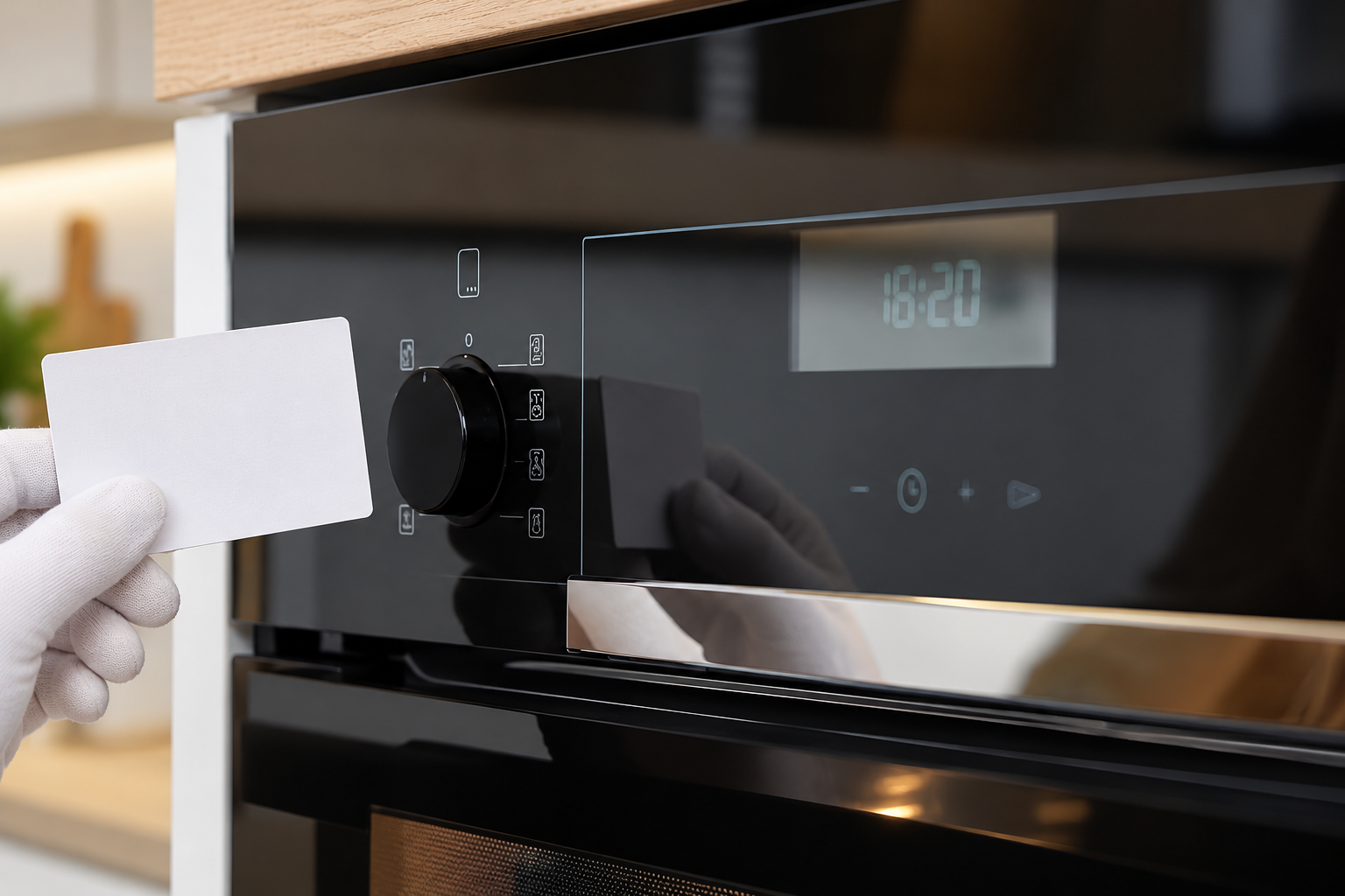A blank review card held beside the referenced black appliance-control glass