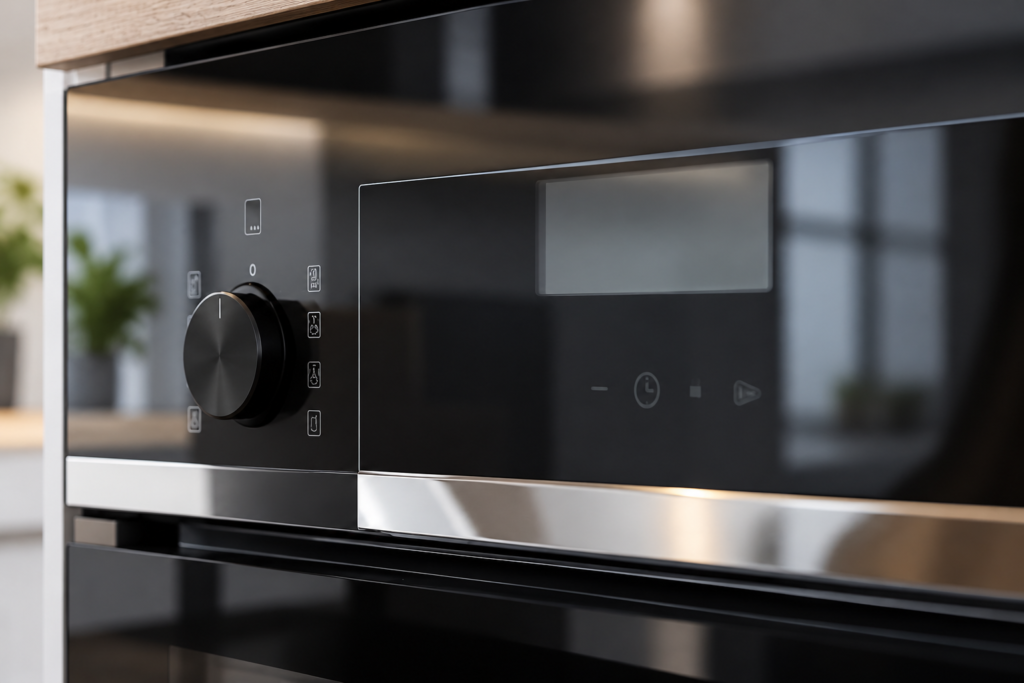 Black appliance-control glass with oblique reflections for finished-surface review